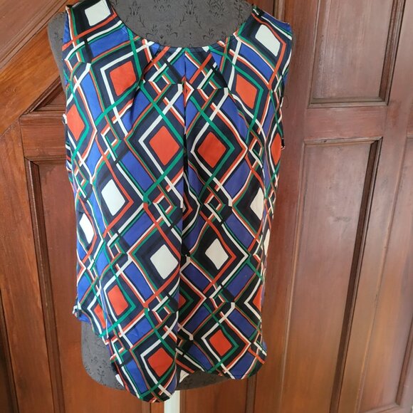Nine West Sleeveless Diamond Geometric Print Blouse Top M Polyester Womens Multi - Picture 1 of 8